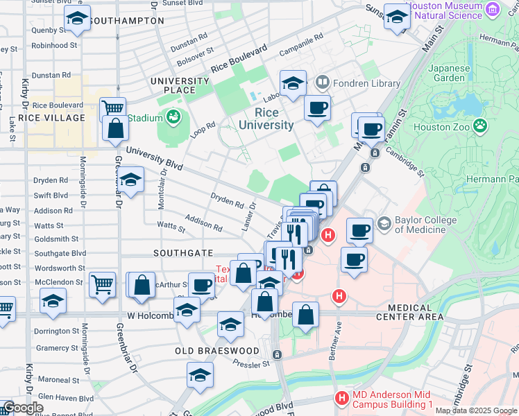 map of restaurants, bars, coffee shops, grocery stores, and more near 2000 Dryden Road in Houston