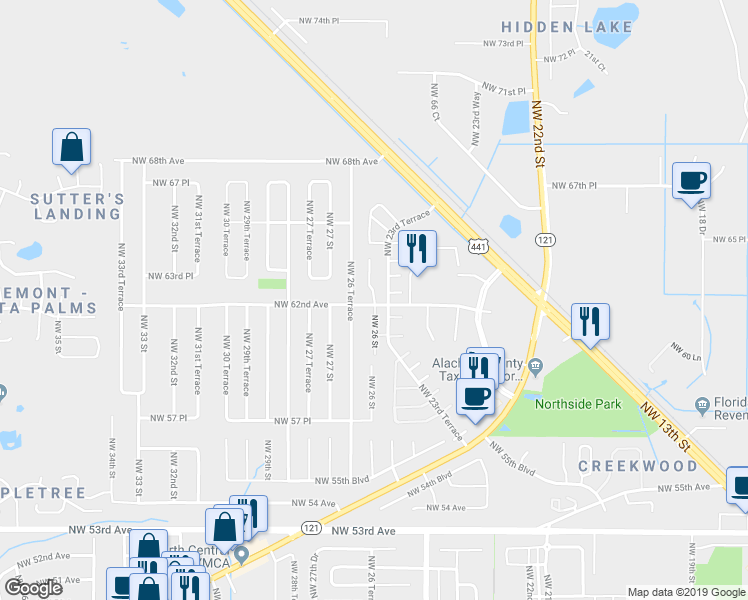 map of restaurants, bars, coffee shops, grocery stores, and more near 2521 Northwest 62nd Place in Gainesville