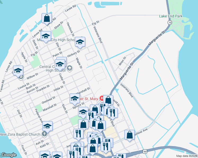 map of restaurants, bars, coffee shops, grocery stores, and more near 1209 South Prescott Drive in Morgan City