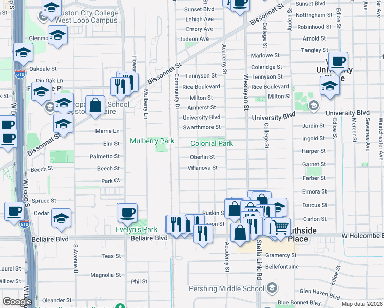 map of restaurants, bars, coffee shops, grocery stores, and more near 4152 Oberlin Street in Houston