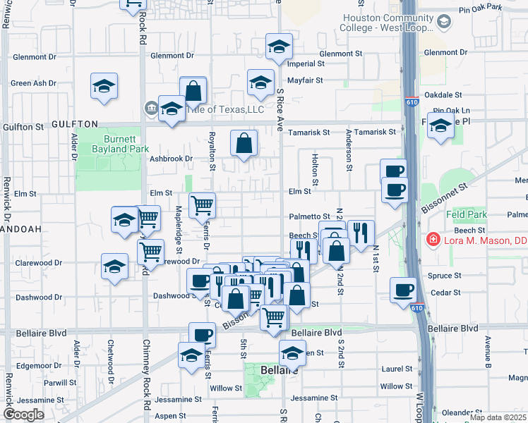 map of restaurants, bars, coffee shops, grocery stores, and more near 5108 Palmetto Street in Bellaire