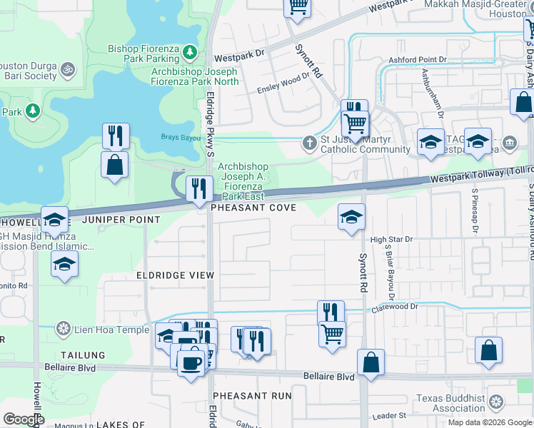 map of restaurants, bars, coffee shops, grocery stores, and more near 13406 Creek Springs Drive in Houston