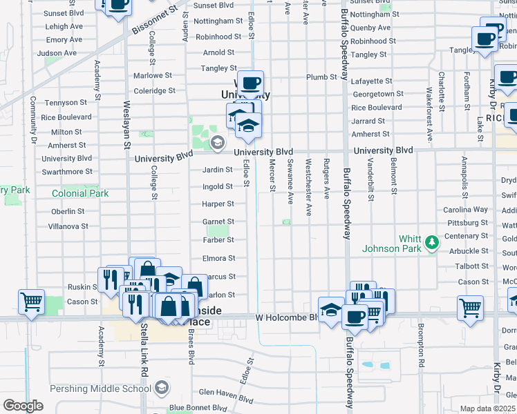 map of restaurants, bars, coffee shops, grocery stores, and more near 6417 Virginia Ct in Houston