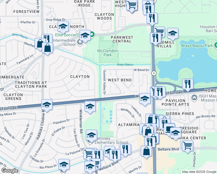 map of restaurants, bars, coffee shops, grocery stores, and more near 4110 Barnwell Drive in Houston