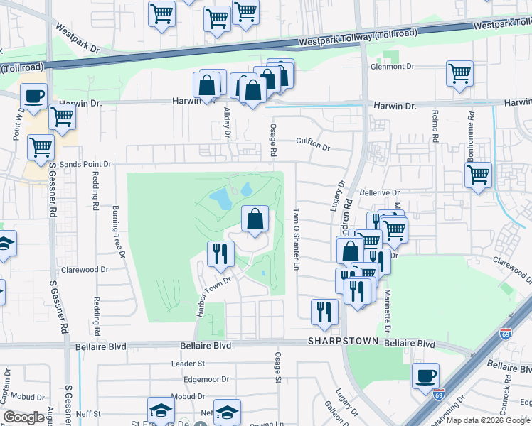 map of restaurants, bars, coffee shops, grocery stores, and more near 8206 Golf Green Cir in Houston