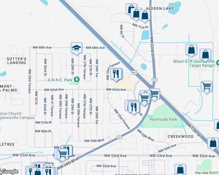 map of restaurants, bars, coffee shops, grocery stores, and more near 2529 Northwest 62 Place in Gainesville