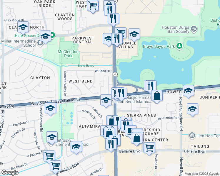 map of restaurants, bars, coffee shops, grocery stores, and more near 4028 South Texas 6 in Houston