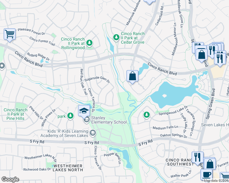 map of restaurants, bars, coffee shops, grocery stores, and more near 10418 Mossback Pine Road in Katy