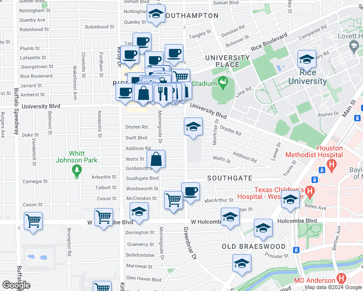 map of restaurants, bars, coffee shops, grocery stores, and more near 2320 Addison Road in Houston