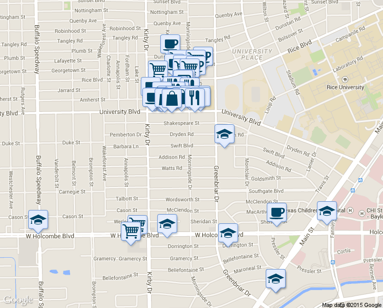 map of restaurants, bars, coffee shops, grocery stores, and more near 2402 Addison Road in Houston