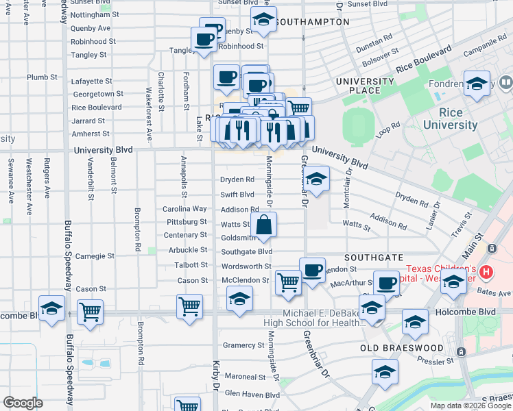 map of restaurants, bars, coffee shops, grocery stores, and more near 2402 Addison Road in Houston
