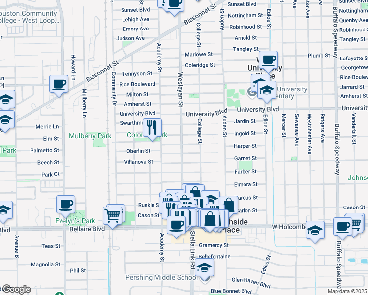 map of restaurants, bars, coffee shops, grocery stores, and more near 3921 Byron Street in Houston