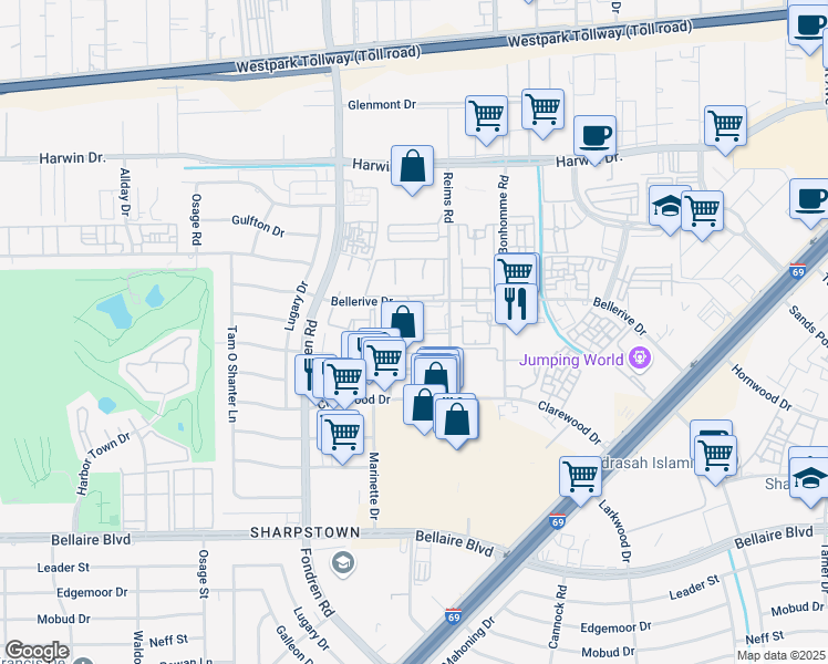 map of restaurants, bars, coffee shops, grocery stores, and more near 6203 Marinette Drive in Houston