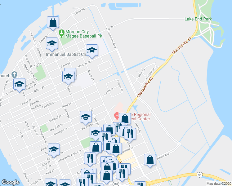 map of restaurants, bars, coffee shops, grocery stores, and more near 1209 South Prescott Drive in Morgan City