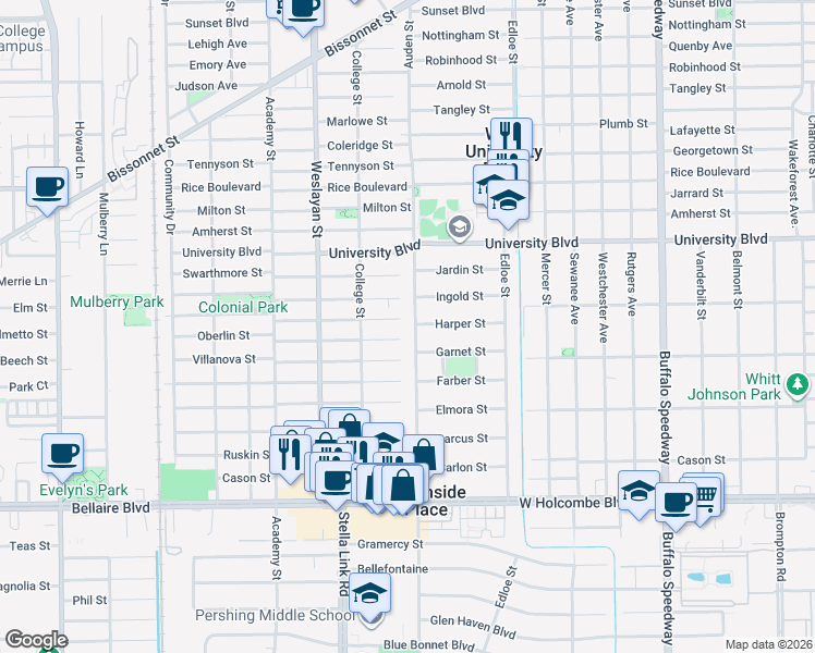 map of restaurants, bars, coffee shops, grocery stores, and more near 6414 Auden Street in Houston