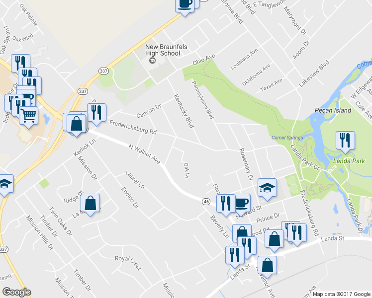 map of restaurants, bars, coffee shops, grocery stores, and more near 952 Oak Lane in New Braunfels