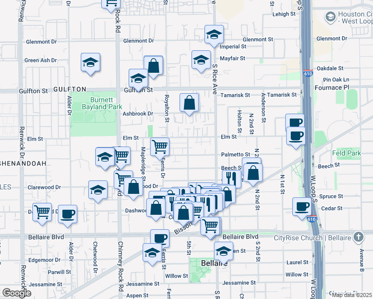 map of restaurants, bars, coffee shops, grocery stores, and more near 6316 5th Street in Bellaire