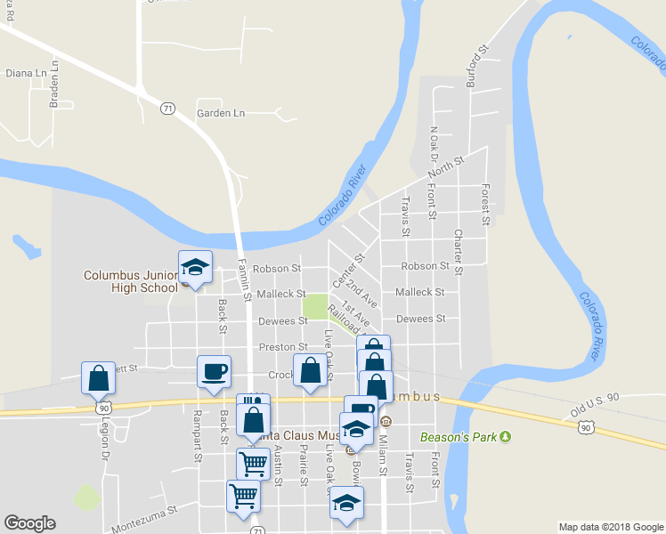 map of restaurants, bars, coffee shops, grocery stores, and more near 601 Live Oak Street in Columbus
