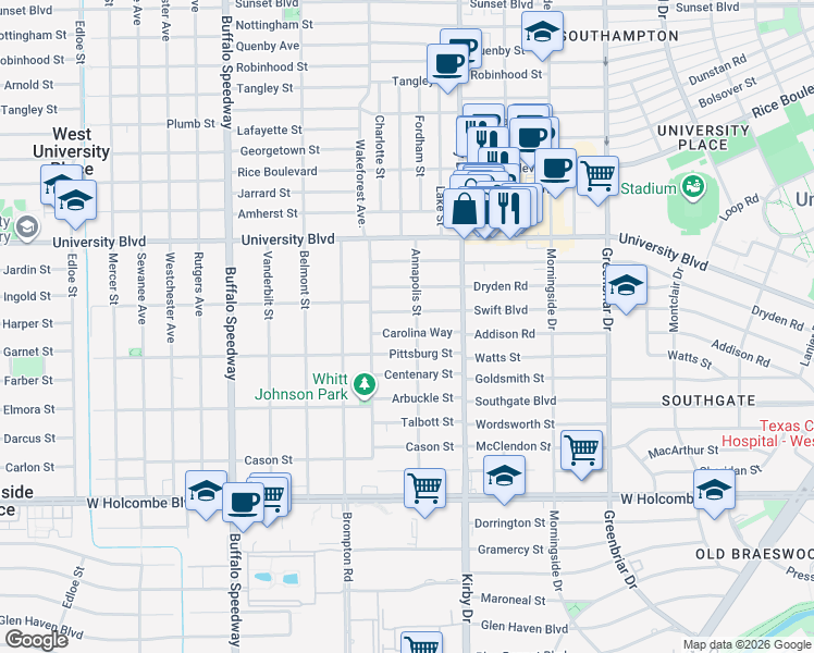 map of restaurants, bars, coffee shops, grocery stores, and more near 2720 Carolina Way in Houston