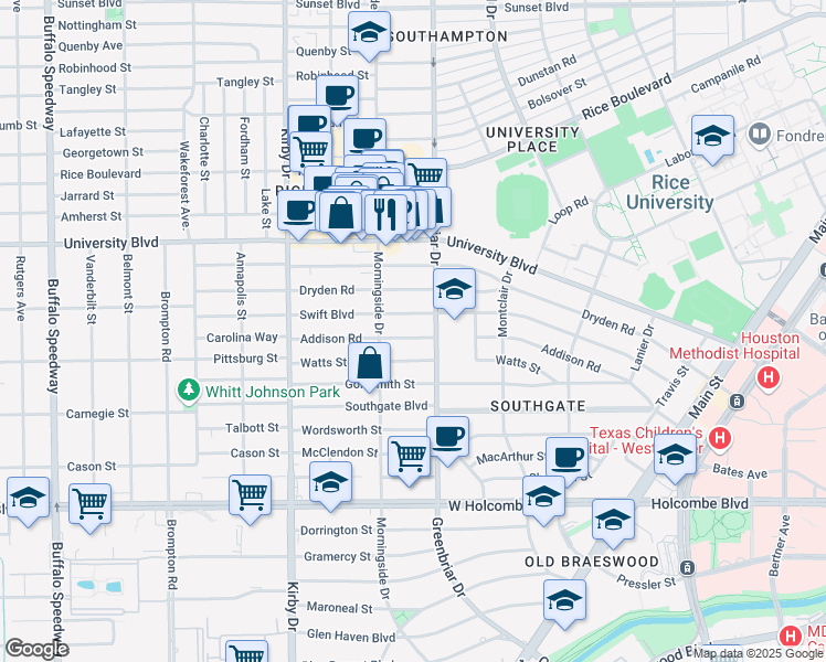 map of restaurants, bars, coffee shops, grocery stores, and more near 2320 Addison Road in Houston