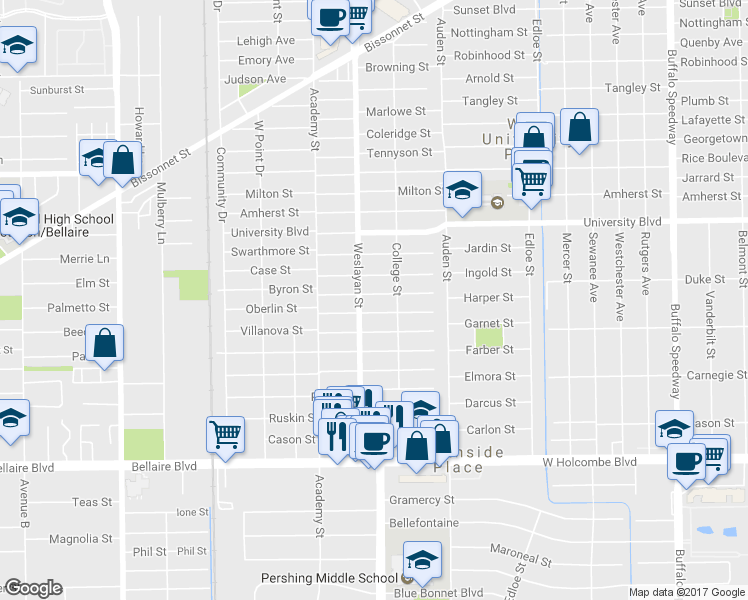 map of restaurants, bars, coffee shops, grocery stores, and more near 3921 Byron Street in Houston