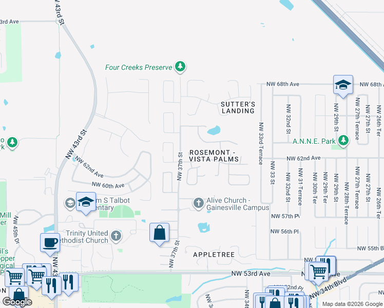 map of restaurants, bars, coffee shops, grocery stores, and more near 6228 Northwest 36 Terrace in Gainesville