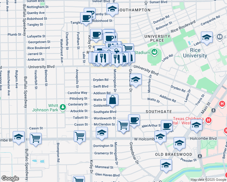 map of restaurants, bars, coffee shops, grocery stores, and more near 2402 Addison Road in Houston
