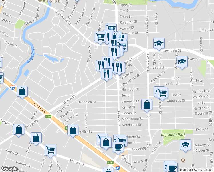 map of restaurants, bars, coffee shops, grocery stores, and more near 6905 Schley Street in Houston