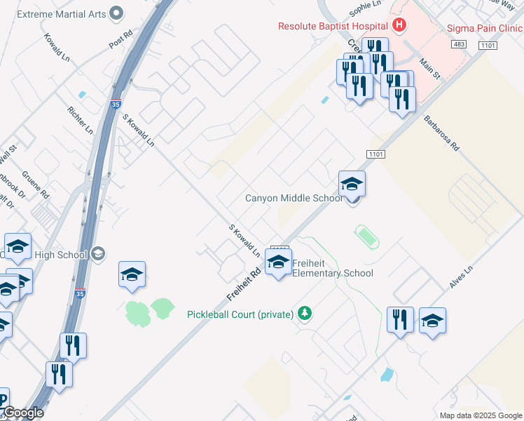 map of restaurants, bars, coffee shops, grocery stores, and more near 1939 Kyle Way in New Braunfels