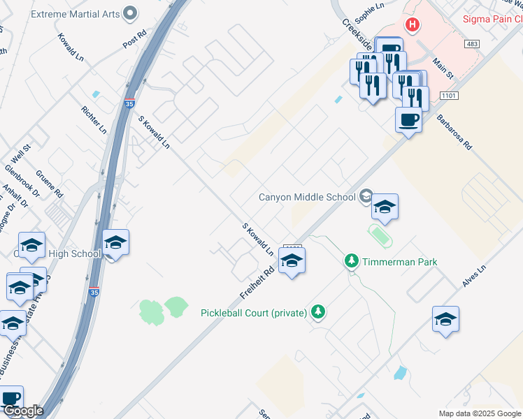 map of restaurants, bars, coffee shops, grocery stores, and more near 1939 Kyle Way in New Braunfels