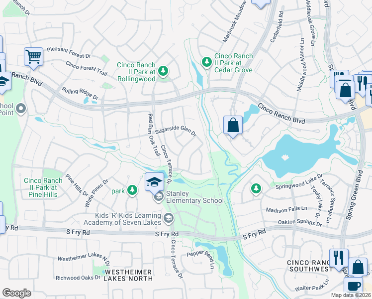 map of restaurants, bars, coffee shops, grocery stores, and more near 10414 Justin Ridge Drive in Katy
