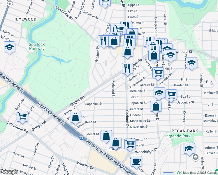 map of restaurants, bars, coffee shops, grocery stores, and more near 6905 Schley Street in Houston