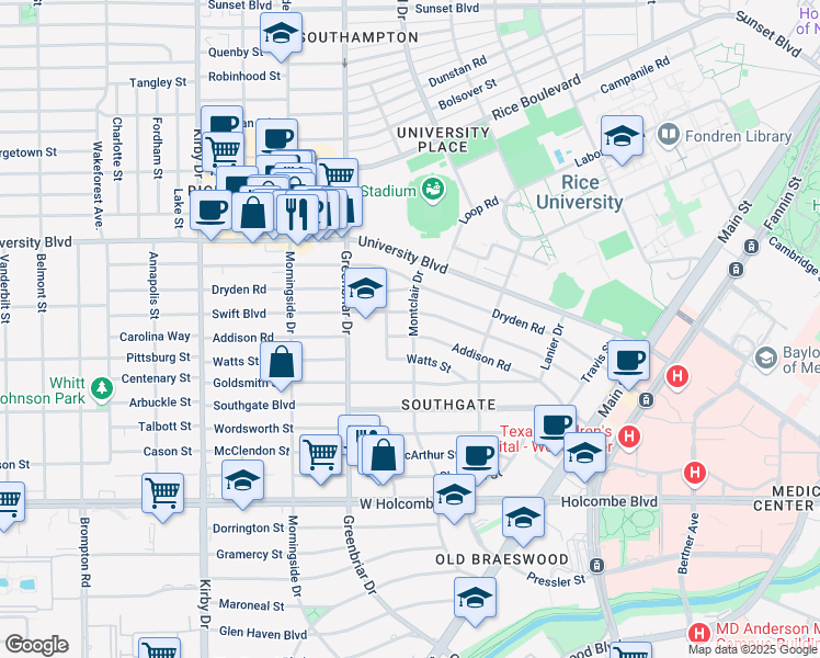 map of restaurants, bars, coffee shops, grocery stores, and more near 2208 Addison Road in Houston