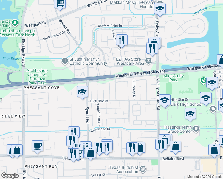 map of restaurants, bars, coffee shops, grocery stores, and more near 6203 Knollwest Drive in Houston