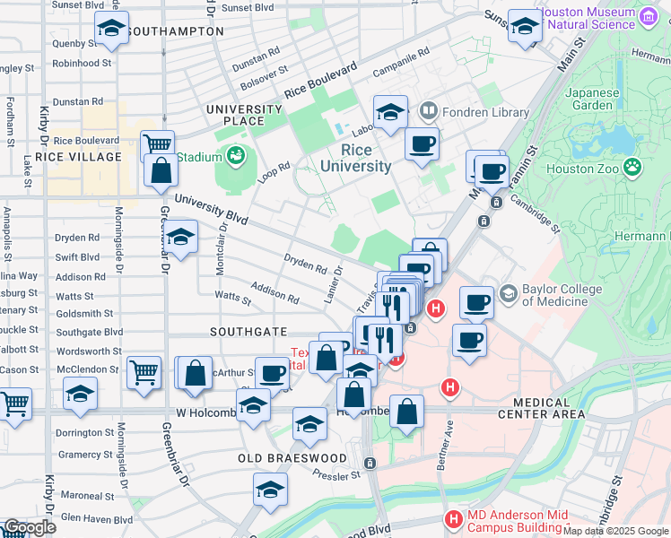 map of restaurants, bars, coffee shops, grocery stores, and more near 2000 Dryden Road in Houston