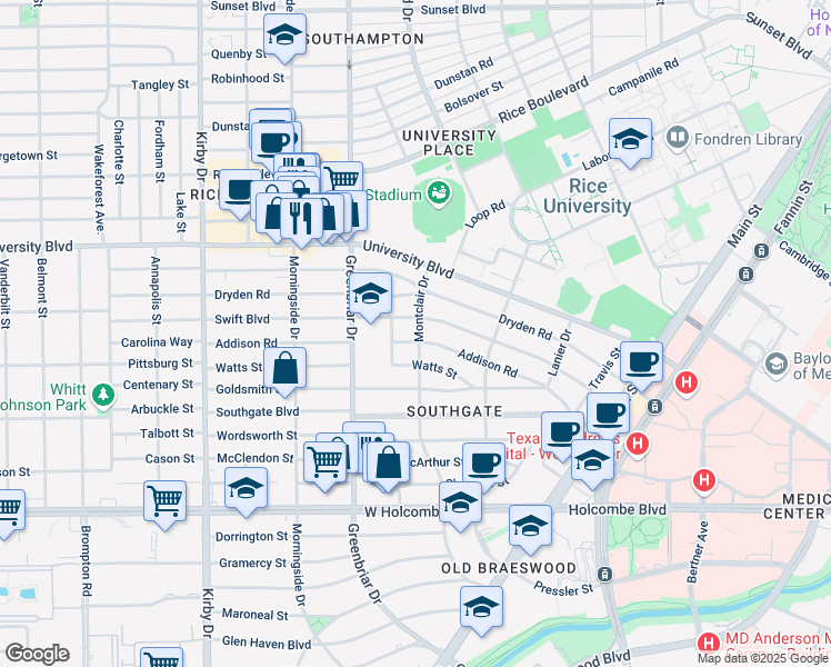 map of restaurants, bars, coffee shops, grocery stores, and more near 2208 Addison Road in Houston
