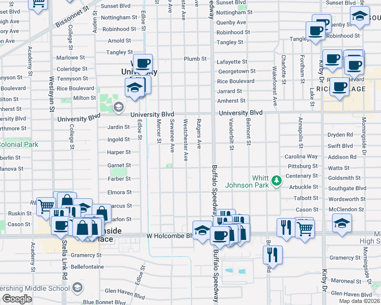 map of restaurants, bars, coffee shops, grocery stores, and more near 6424 Westchester Avenue in Houston