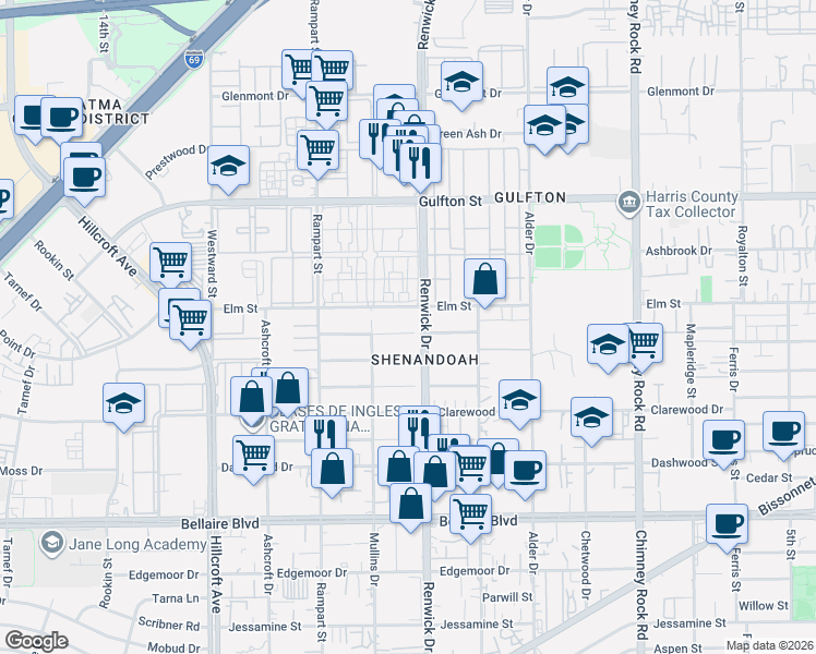 map of restaurants, bars, coffee shops, grocery stores, and more near 5910 High Star Drive in Houston