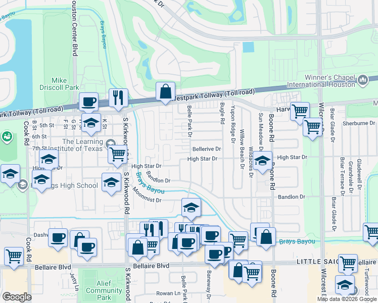 map of restaurants, bars, coffee shops, grocery stores, and more near 4260 Belle Park Drive in Houston