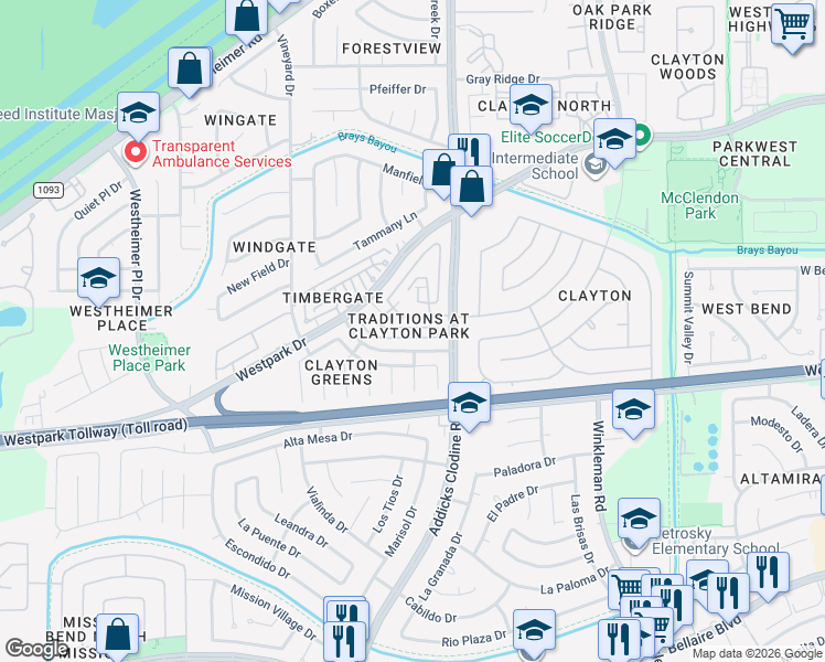 map of restaurants, bars, coffee shops, grocery stores, and more near 15822 South Alley Court in Houston
