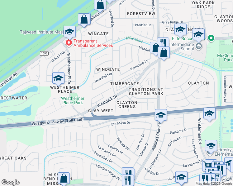 map of restaurants, bars, coffee shops, grocery stores, and more near 16116 Westpark Drive in Houston