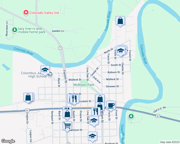 map of restaurants, bars, coffee shops, grocery stores, and more near 601 Live Oak Street in Columbus