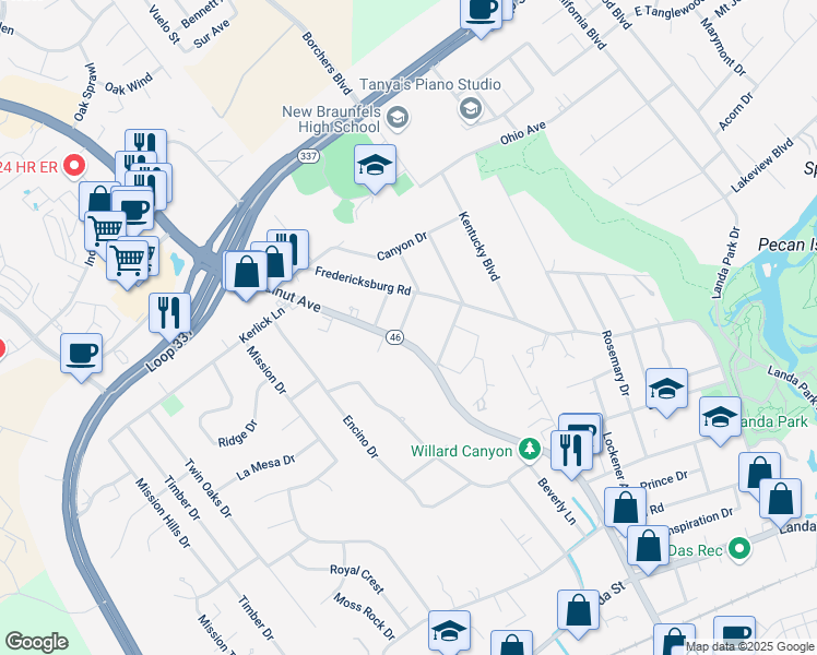 map of restaurants, bars, coffee shops, grocery stores, and more near 122 Woodland Avenue in New Braunfels