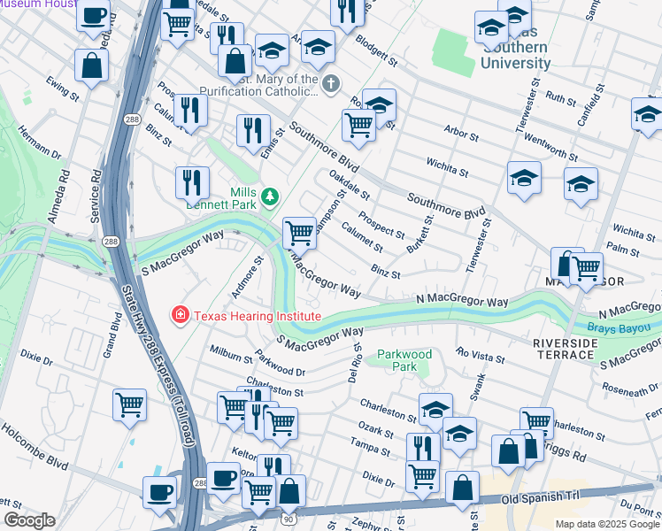 map of restaurants, bars, coffee shops, grocery stores, and more near 3226 Ewing Street in Houston