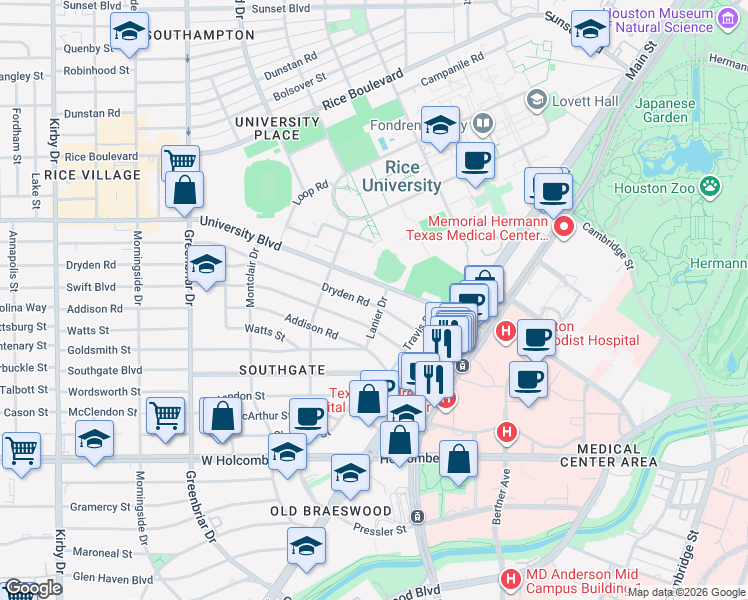 map of restaurants, bars, coffee shops, grocery stores, and more near 2000 Dryden Road in Houston
