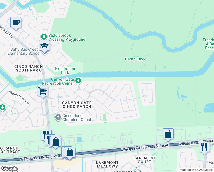 map of restaurants, bars, coffee shops, grocery stores, and more near 6222 Pebble Canyon Court in Katy
