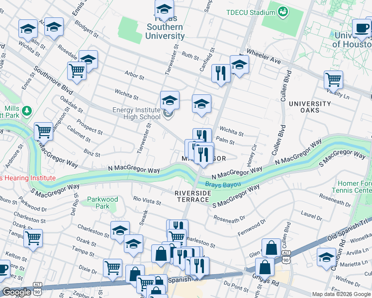 map of restaurants, bars, coffee shops, grocery stores, and more near 3629 North MacGregor Way in Houston