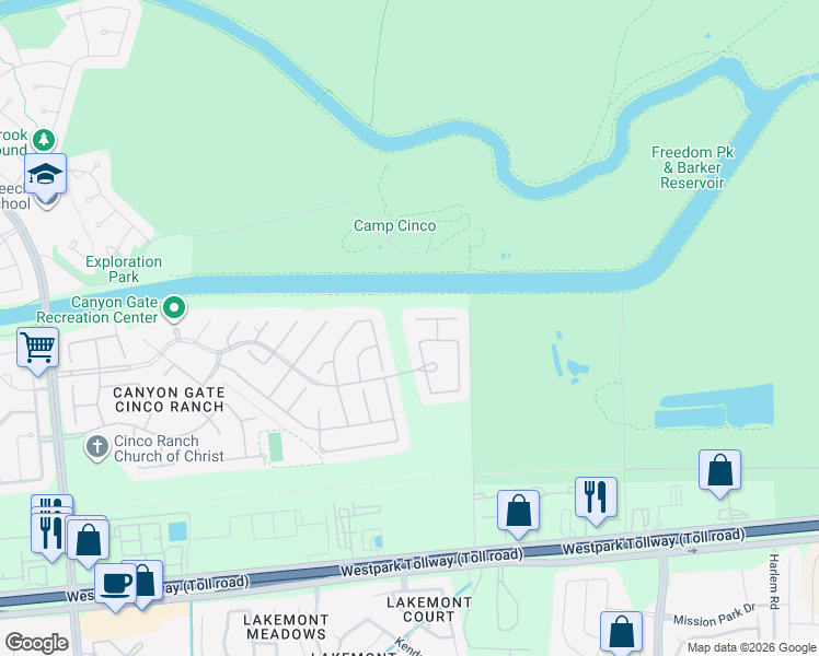 map of restaurants, bars, coffee shops, grocery stores, and more near 19767 Twin Canyon Court in Katy