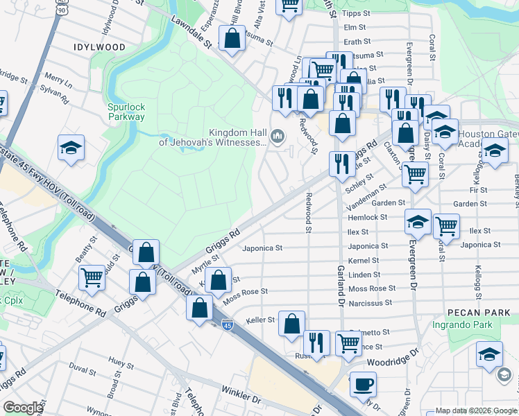 map of restaurants, bars, coffee shops, grocery stores, and more near 6701 Griggs Road in Houston