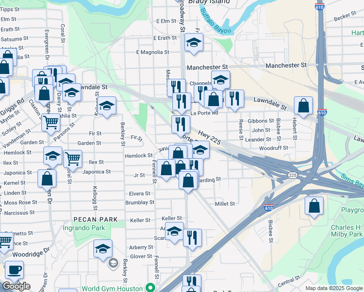 map of restaurants, bars, coffee shops, grocery stores, and more near 1502 Broadway Street in Houston